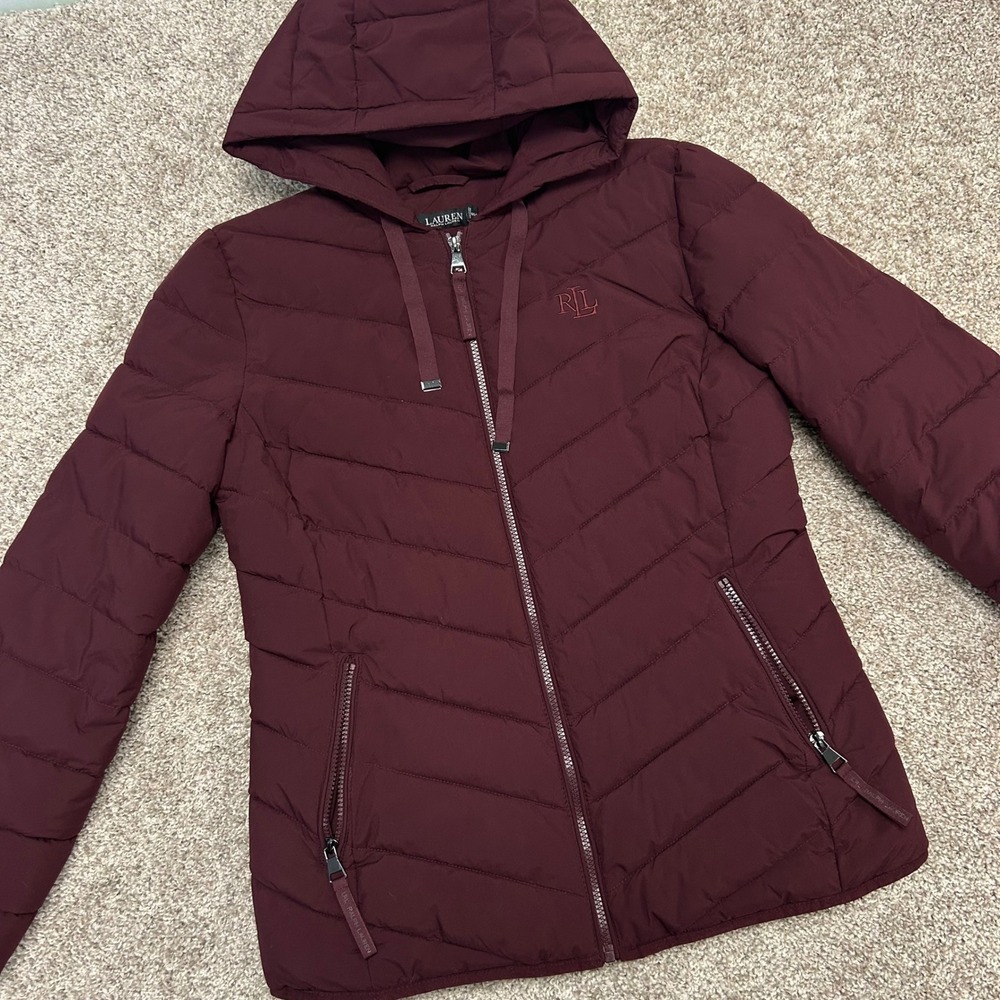 Lauren Ralph Lauren Women Medium Burgundy Quilted Puffer Jacket Hooded Full Zip